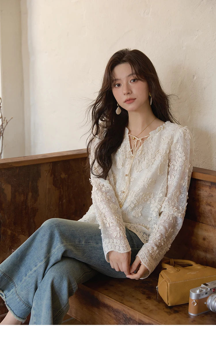 MISHOW Lace Jacquard Embroidered Shirt Black Fungus Edge MXE41X1927