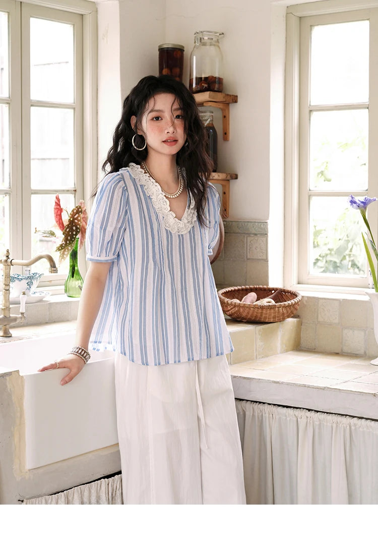 MISHOW Cotton Striped Blouse Lantern Sleeve Lace V-Neck MXE36X1845
