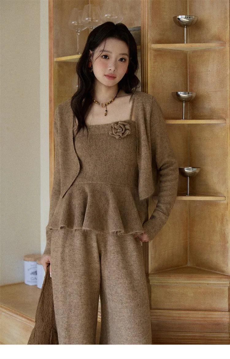 Mishow Khaki Knitted Three-Dimensional Floral Camisole Cardigan & Wide Leg Pants Three-Piece Set MXE87T1449