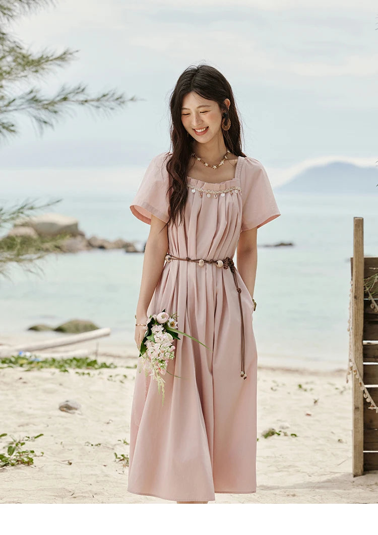 Mishow Bohemian Pink Square Collar Belt Dress MXE33L2158