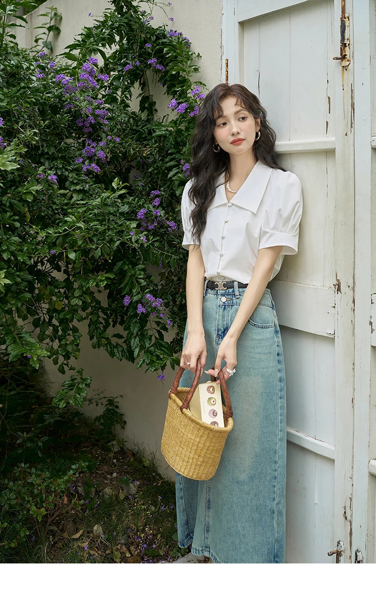 MISHOW Bubble Sleeve V-Neck Shirt Lapel Collar Loose MXD28X1471