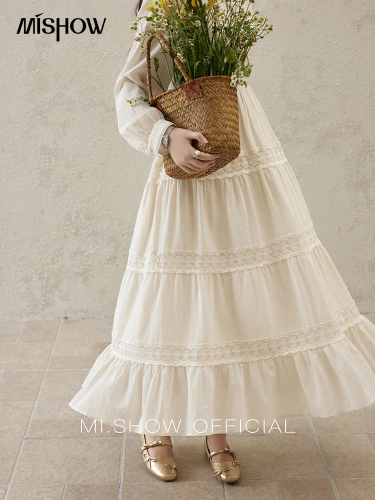 Mishow Apricot 100% Cotton Splicing Lace Dress MXE16L2168