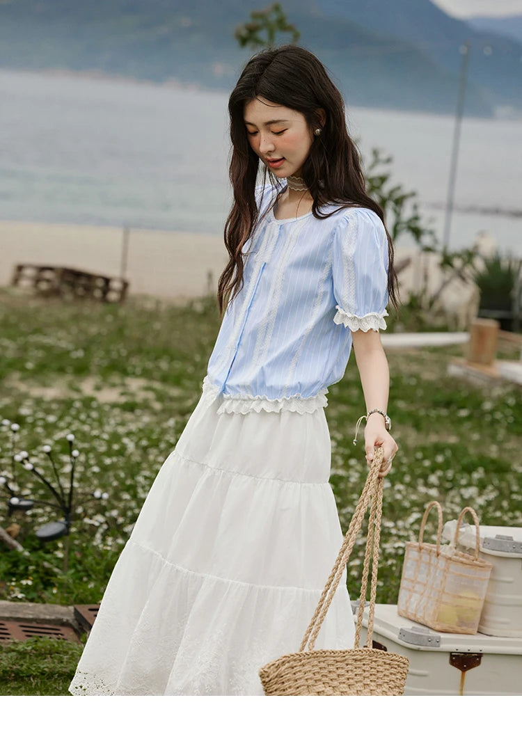 MISHOW Striped Blouse Short Puff Sleeve Lace Patchwork MXE32X1759