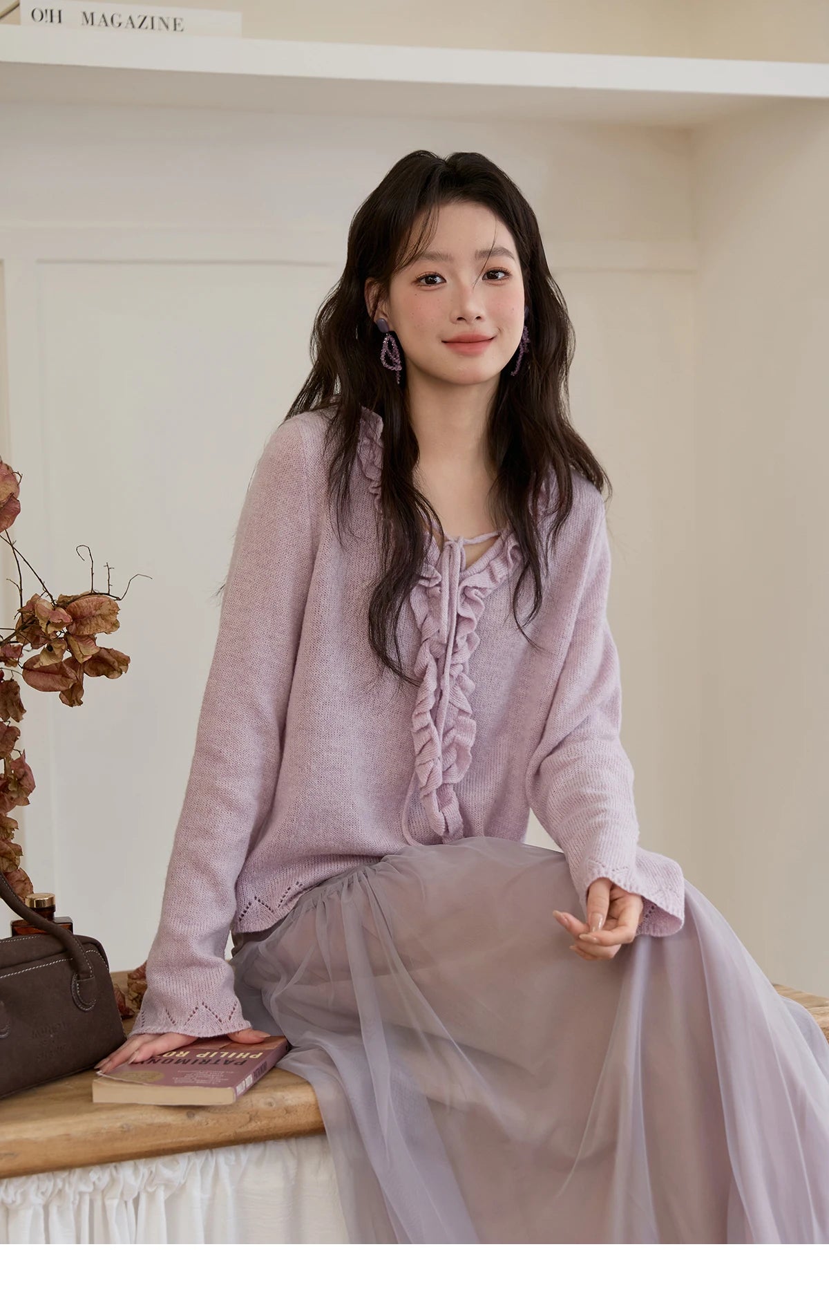 Mishow Beige V-Neck Wood Ear Hollow Sweater MXE51Z2595