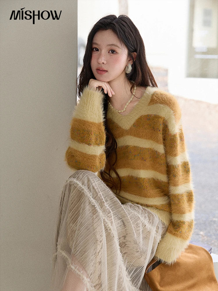 Mishow Retro Yellow Striped Faux Mink Jacquard Sweater MXE87Z2766