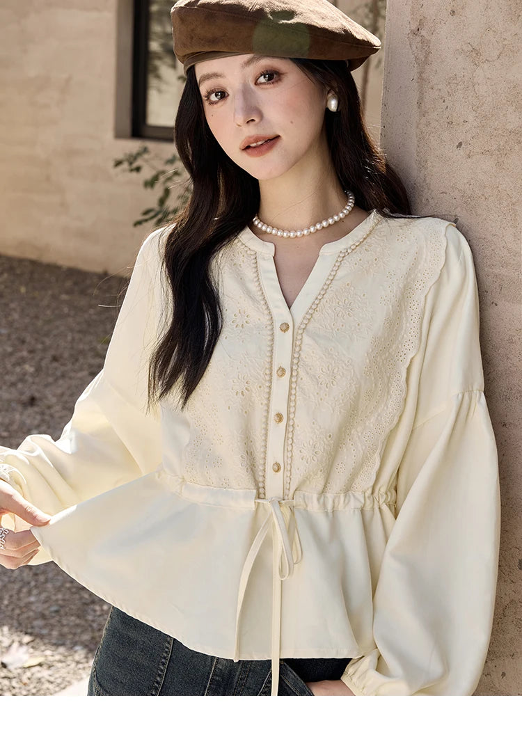 MISHOW French V-Neck Blouse Lace Lantern Sleeve Drawstring Waist MXD45X1660