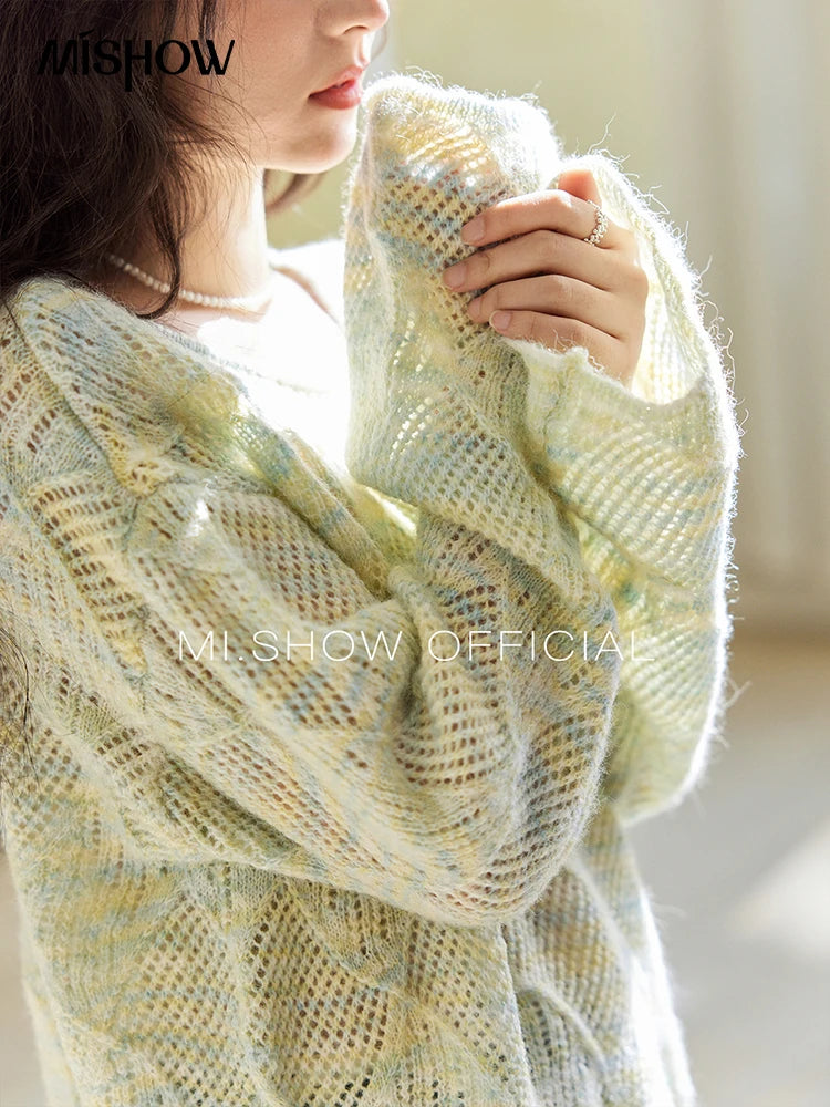 Mishow Hollow Dropped Shoulder Hem Wavy Edge Sweater MXE14Z1208
