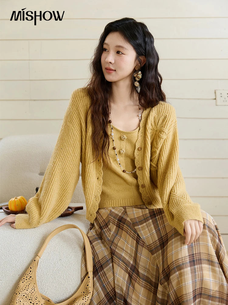 Mishow Yellow V-Neck Cardigan & Slim Camisole Set MXE45T0742