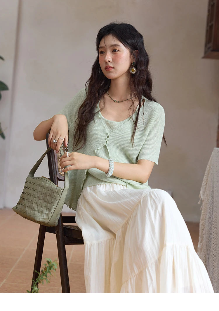 Mishow Mint Green Fake Two-Piece Short Sleeve Cardigan MXE36Z1286