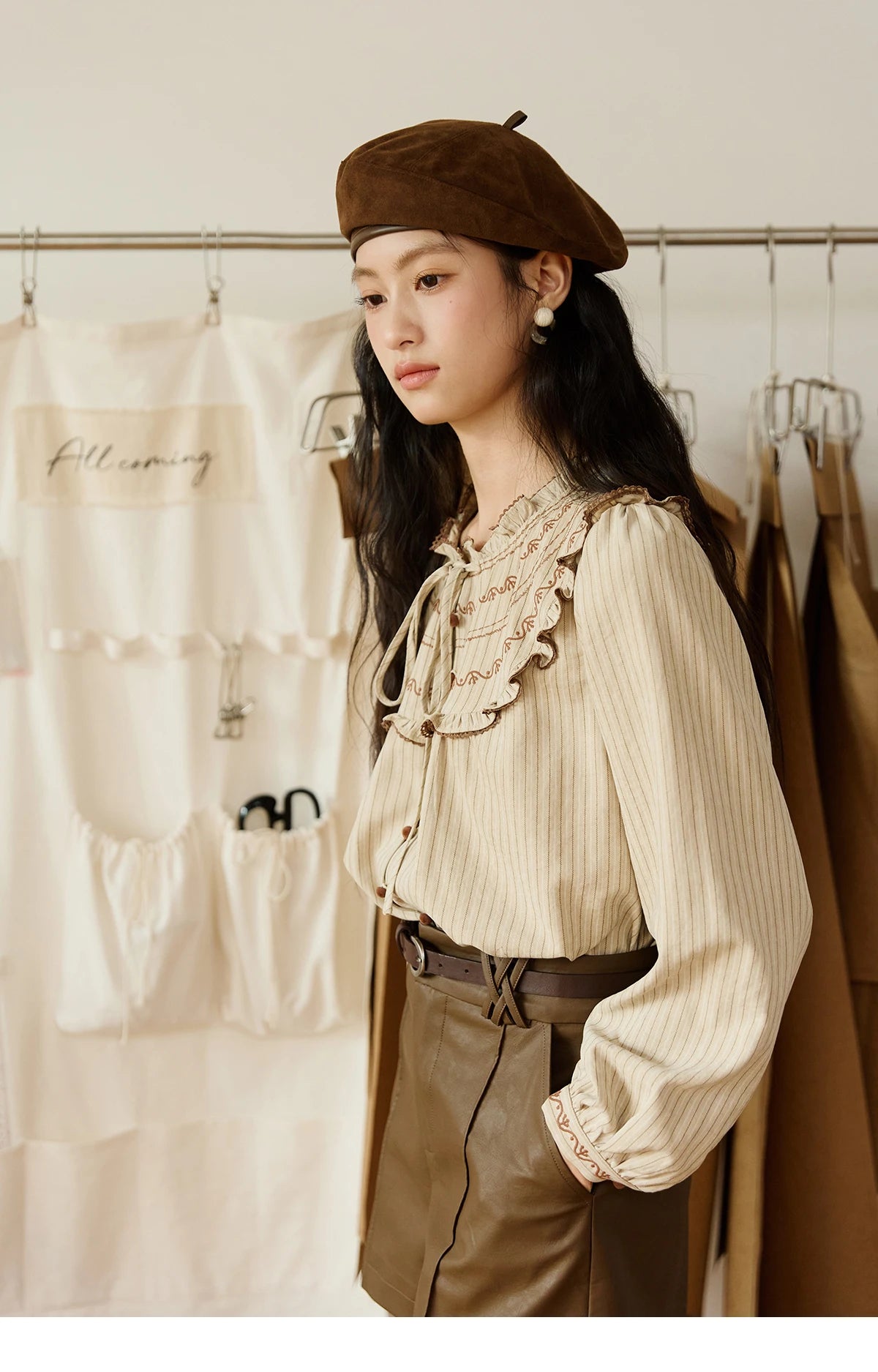 MISHOW Striped Shirt Wood Ear Edge Round Neck Embroidery MXE46X2492
