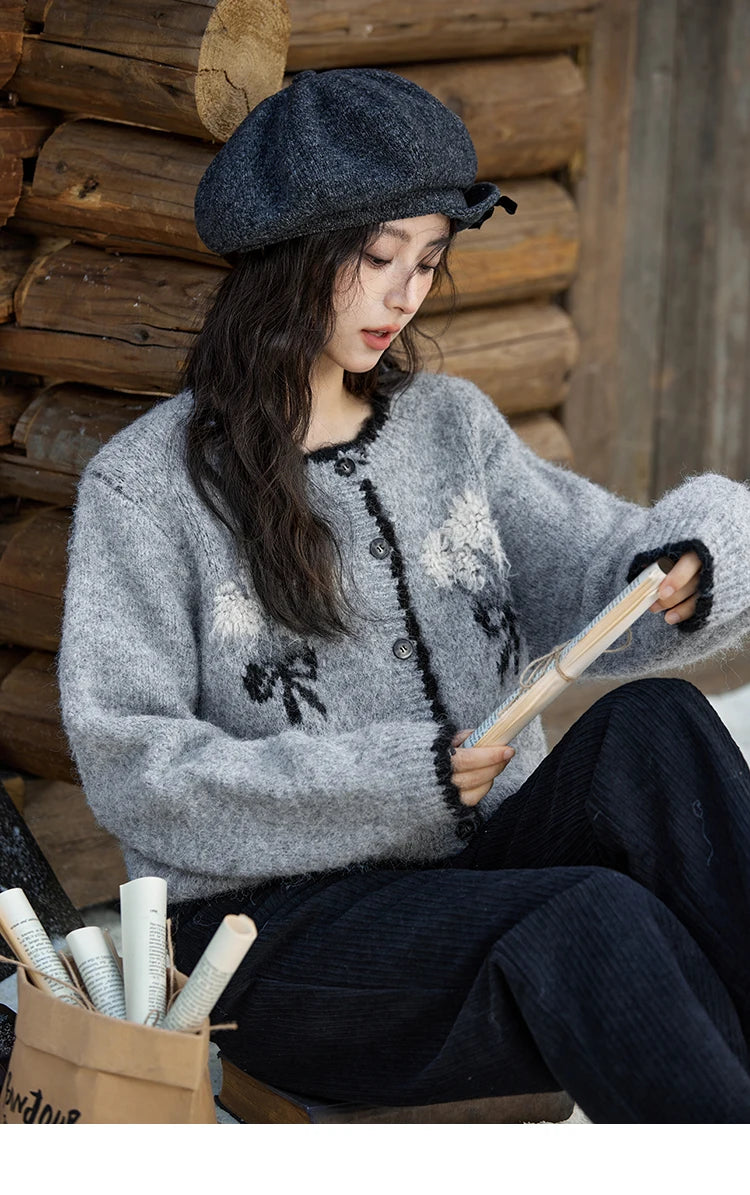 Mishow Wool Blend Bouquet Embroidery Color Clash Cardigan MXD54Z0951