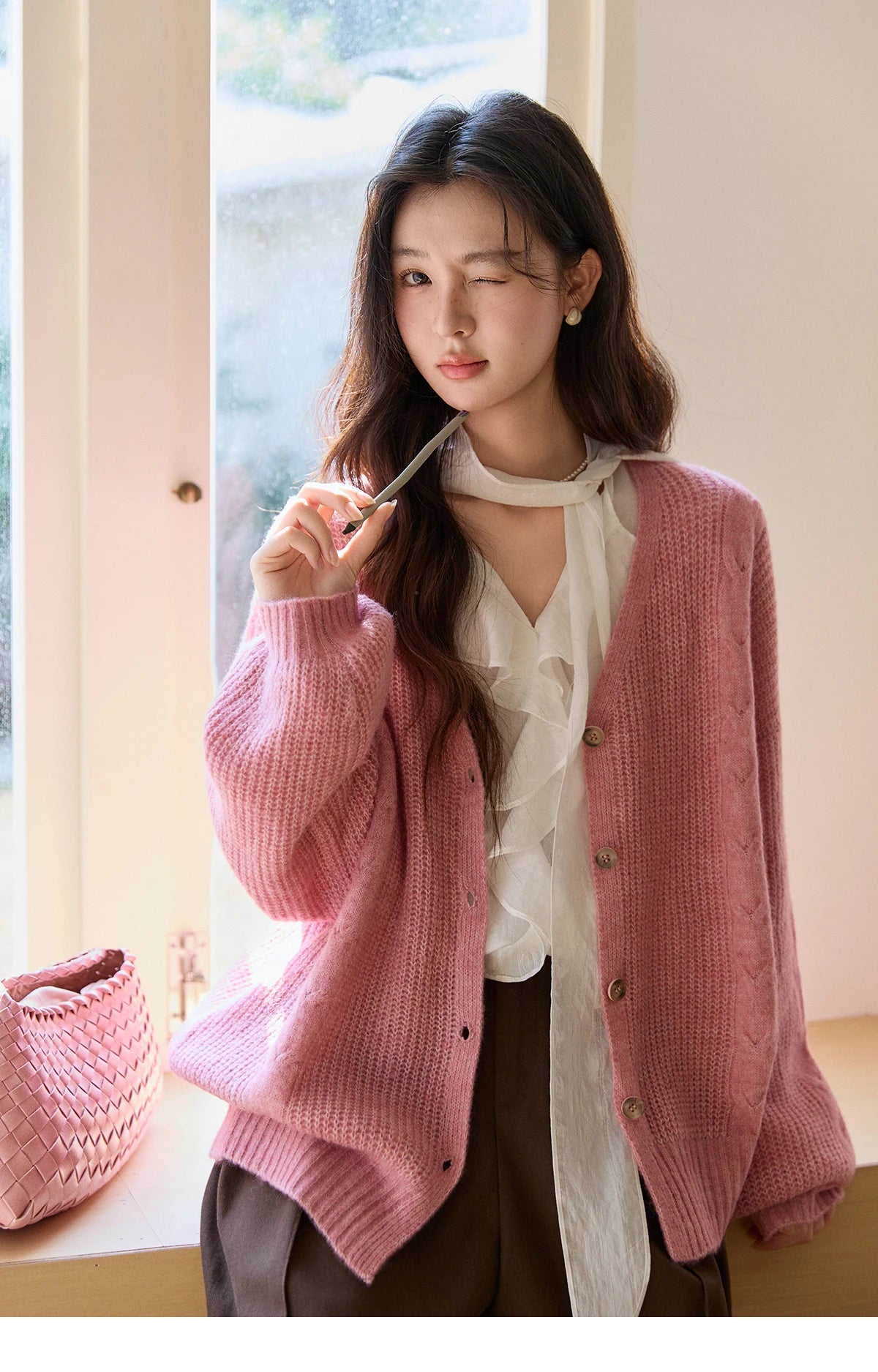 Mishow Dusty Pink V-Neck Knitted Cardigan MXF11Z2898