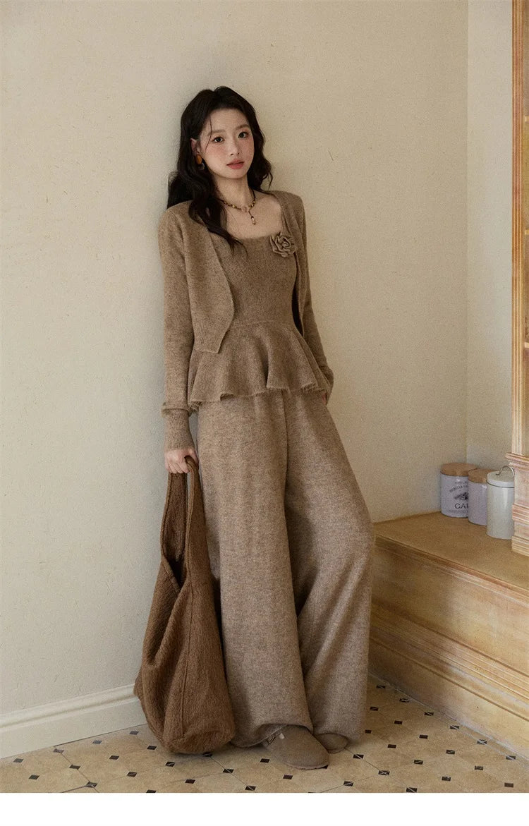 Mishow Khaki Knitted Three-Dimensional Floral Camisole Cardigan & Wide Leg Pants Three-Piece Set MXE87T1449