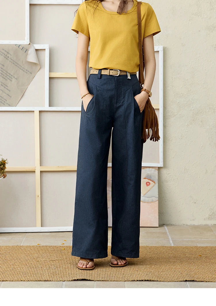 MISHOW Dark Blue High Waist Wide-Leg Pants Slimming Straight MXE31K0902