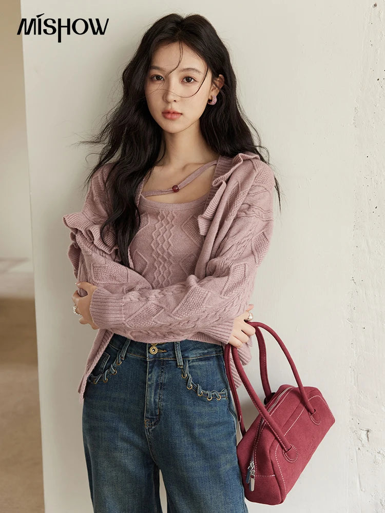 Mishow Pink Asymmetric Flounce Knit Vest Set MXD45Z0781