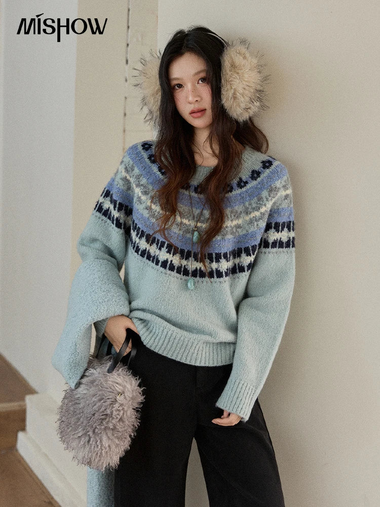 Mishow Blue Fair Isle Geometric Jacquard Pullover MXE87Z2767