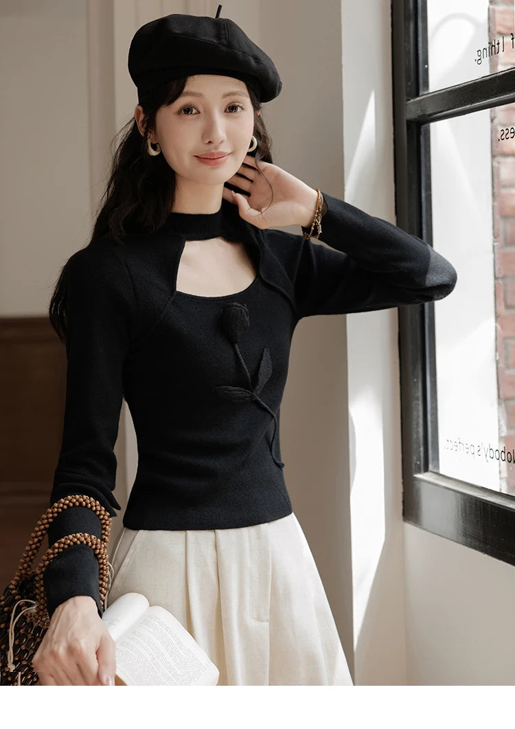 Mishow French Vintage Black Hollow Mock Neck Sweater MXD42Z0731