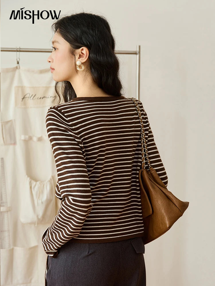 Mishow Coffee Striped Knitted Cardigan Sweater MXE46Z2537