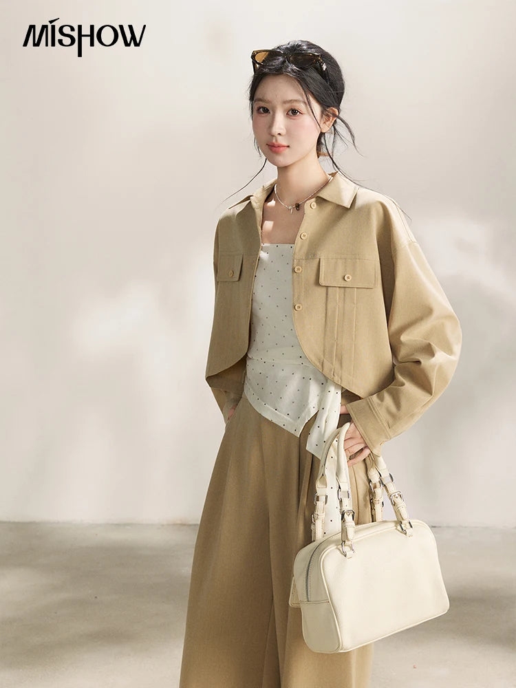 Mishow Khaki Cropped Jacket & Polka Dot Vest & Wide Leg Pants Three-Piece Set MXF13T1478