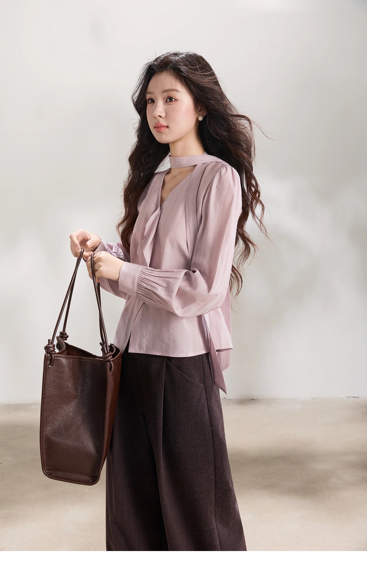 MISHOW Women's Purple Ribbon V-Neck Ruffled Shirt MXF13X2527