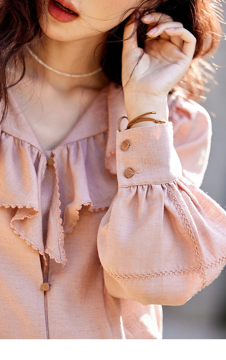 MISHOW Lotus Leaf Collar Shirt Bubble Sleeves Pink Chiffon MXE12X1702