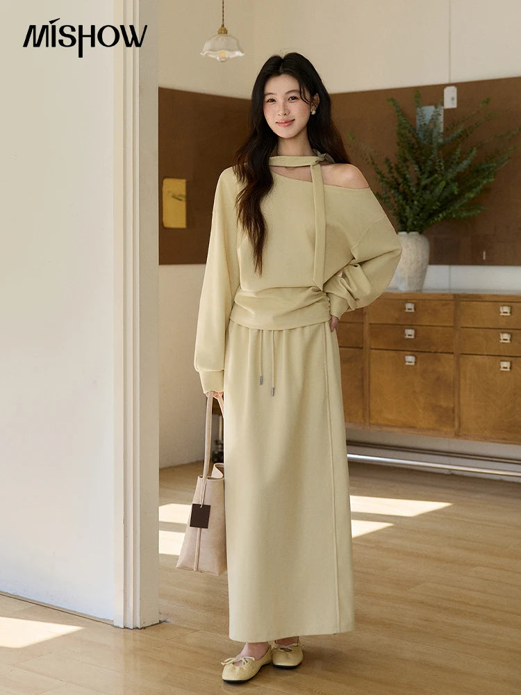 Mishow Light Yellow Off-Shoulder Top & Rear Fork Midi Skirt Set MXE11T1489