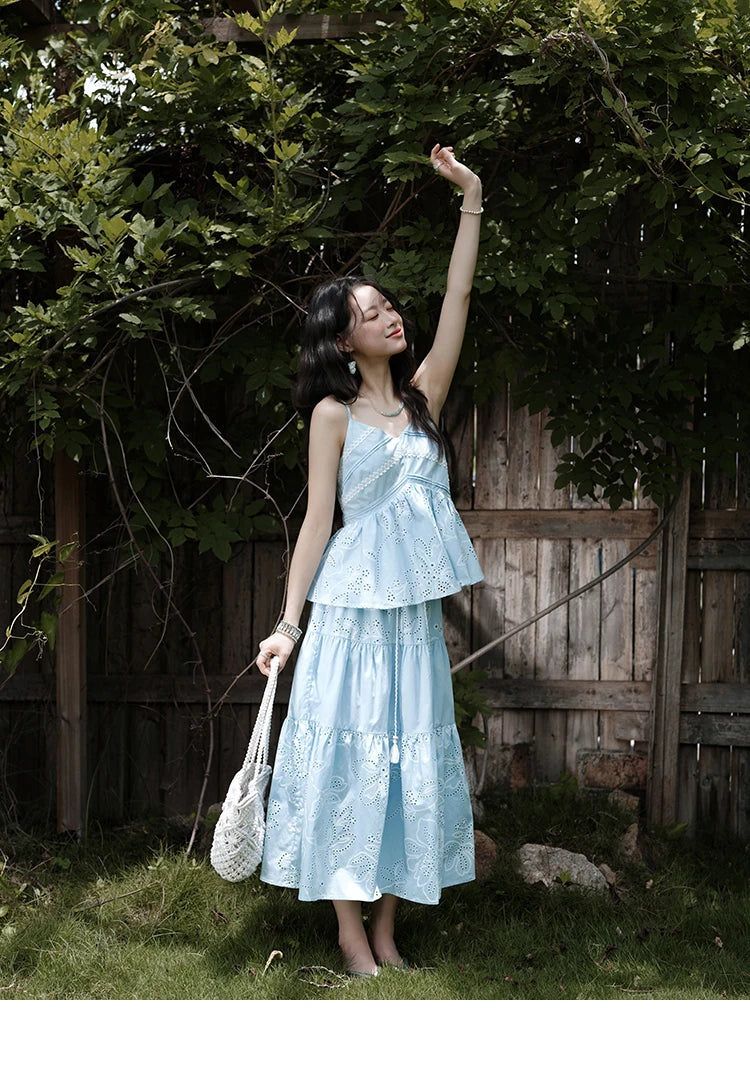 Mishow Strap V-Neck Embroidery Top & Drawstring Skirt Set MXE34T0624