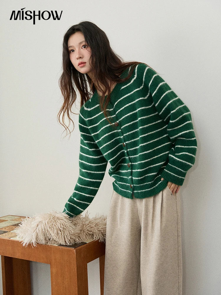 Mishow Green Striped Wool Blend Retro Cardigan MXE86Z2735