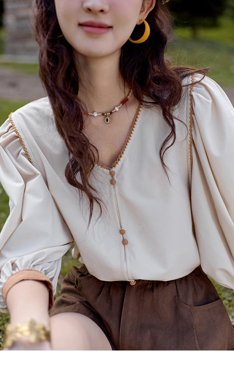 MISHOW French Retro V-Neck Shirt Lantern Sleeve Double Button MXD26X1597