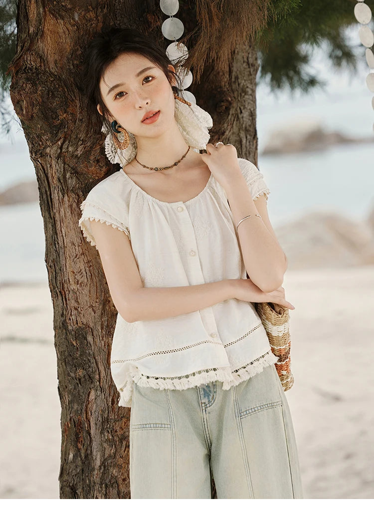 MISHOW Embroidered French Shirt Round Neck Short Sleeve MXE33X1744