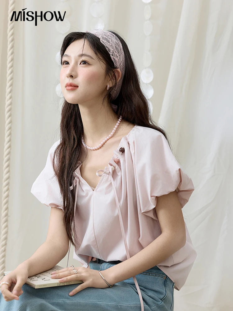 MISHOW V-Neck Puff Sleeve Blouse Beaded Retro Top MXE33X1757