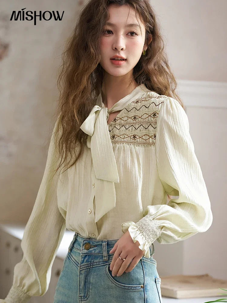 MISHOW Ribbon Collar Shirt Sweet Cuffs Pleated Embroidered Petal Sleeve MXD14C0226