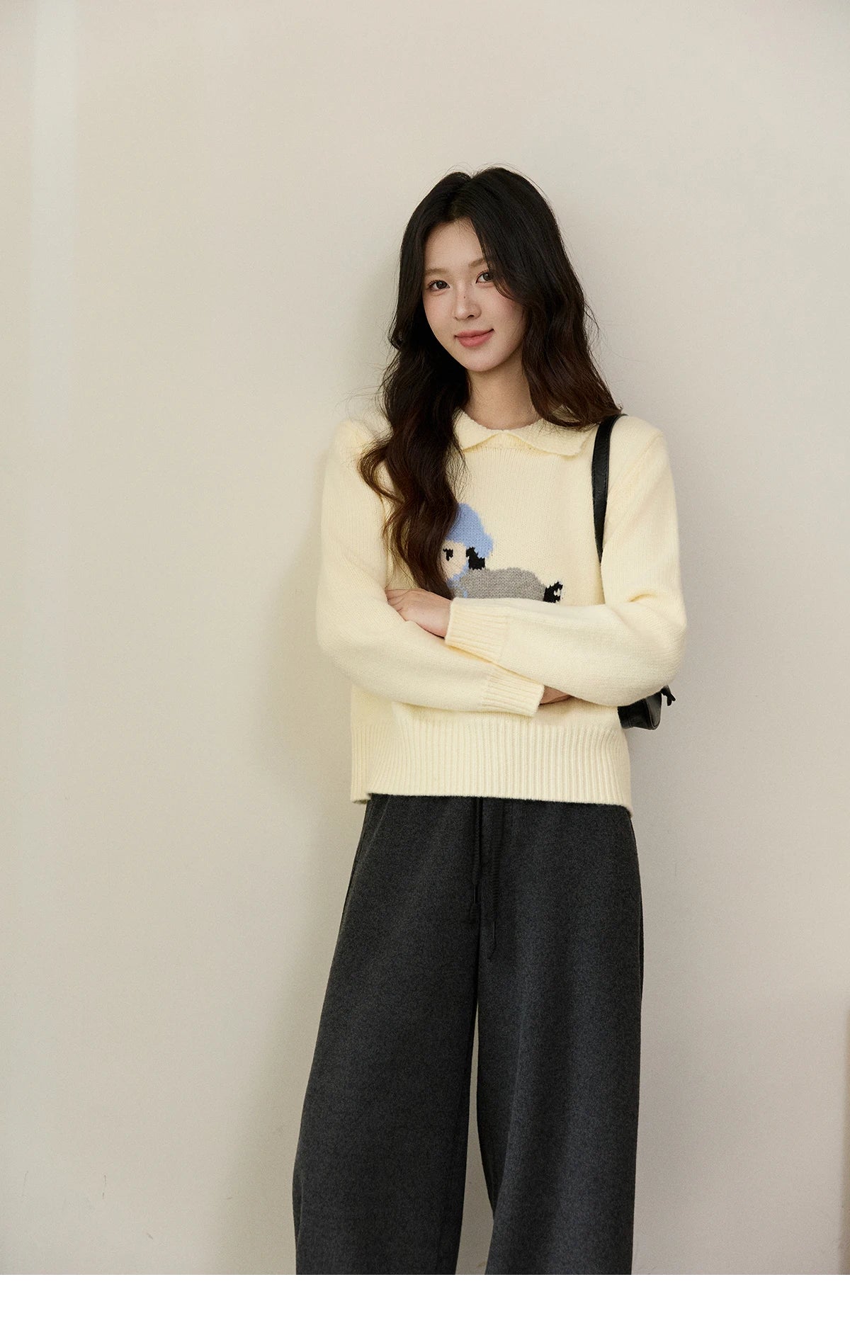 Mishow Beige Sheep Pattern Round Collar Sweater MXE94Z2962