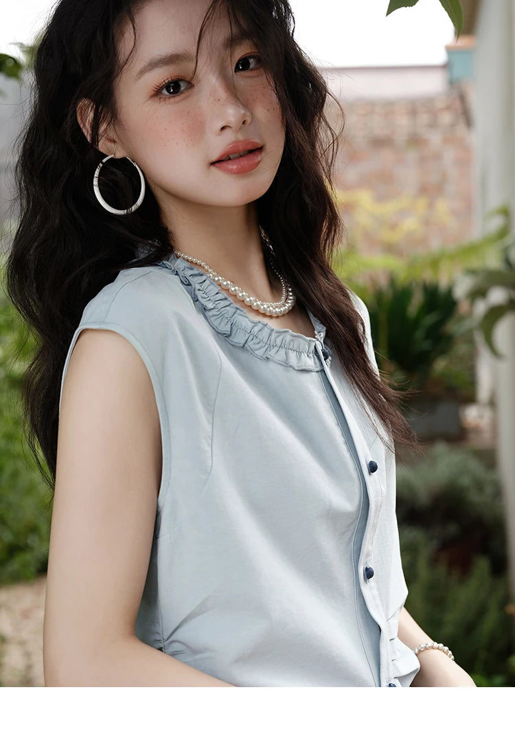 MISHOW Round Neck Sleeveless Shirt Button Front MXE38X1864