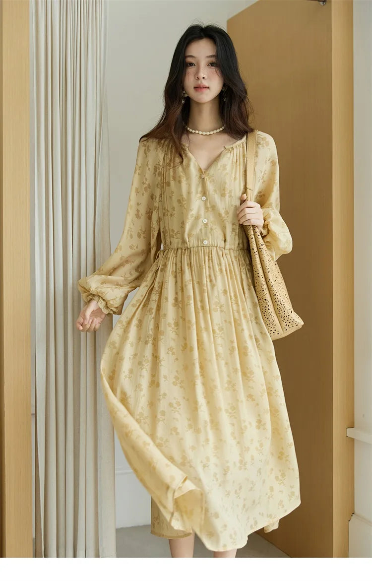 MISHOW Yellow Print Lace Lantern Sleeve Dress MXE47L2527