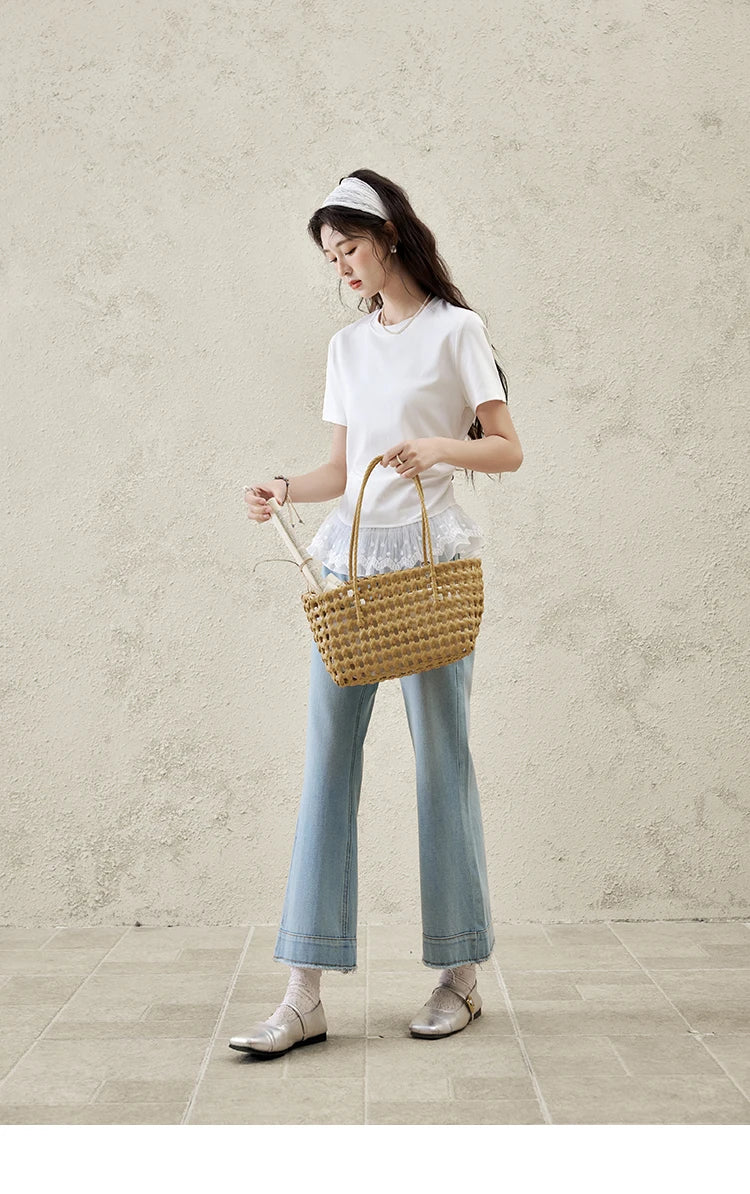 Mishow Lace Hem Splicing Round Neck Tee MXE31T0528