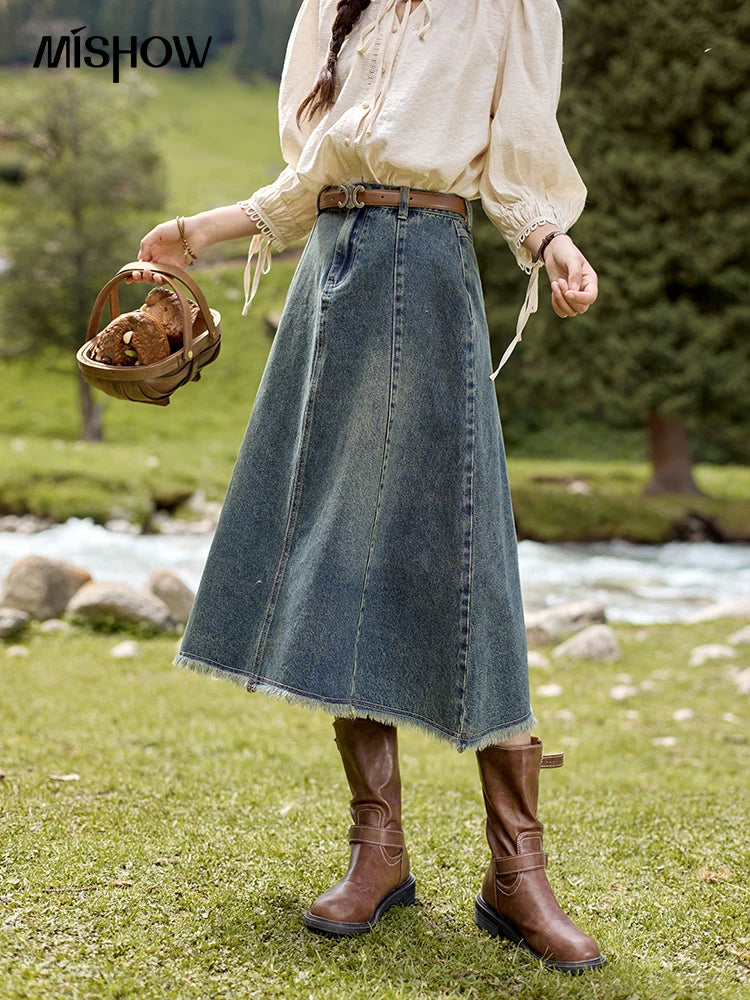 MISHOW Washed Hem Fringed Denim Midi Skirt A-Line Retro MXD41B0453