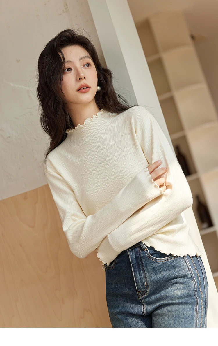 Mishow Ruffled Edge High Collar Slim Knit Top MXD48Z0850