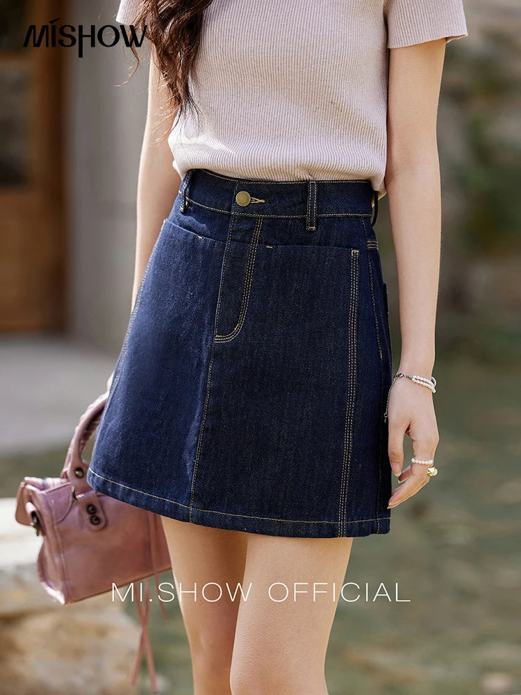 Mishow Retro Deep Blue High Waist A-Line Denim Skirt MXE13B0658