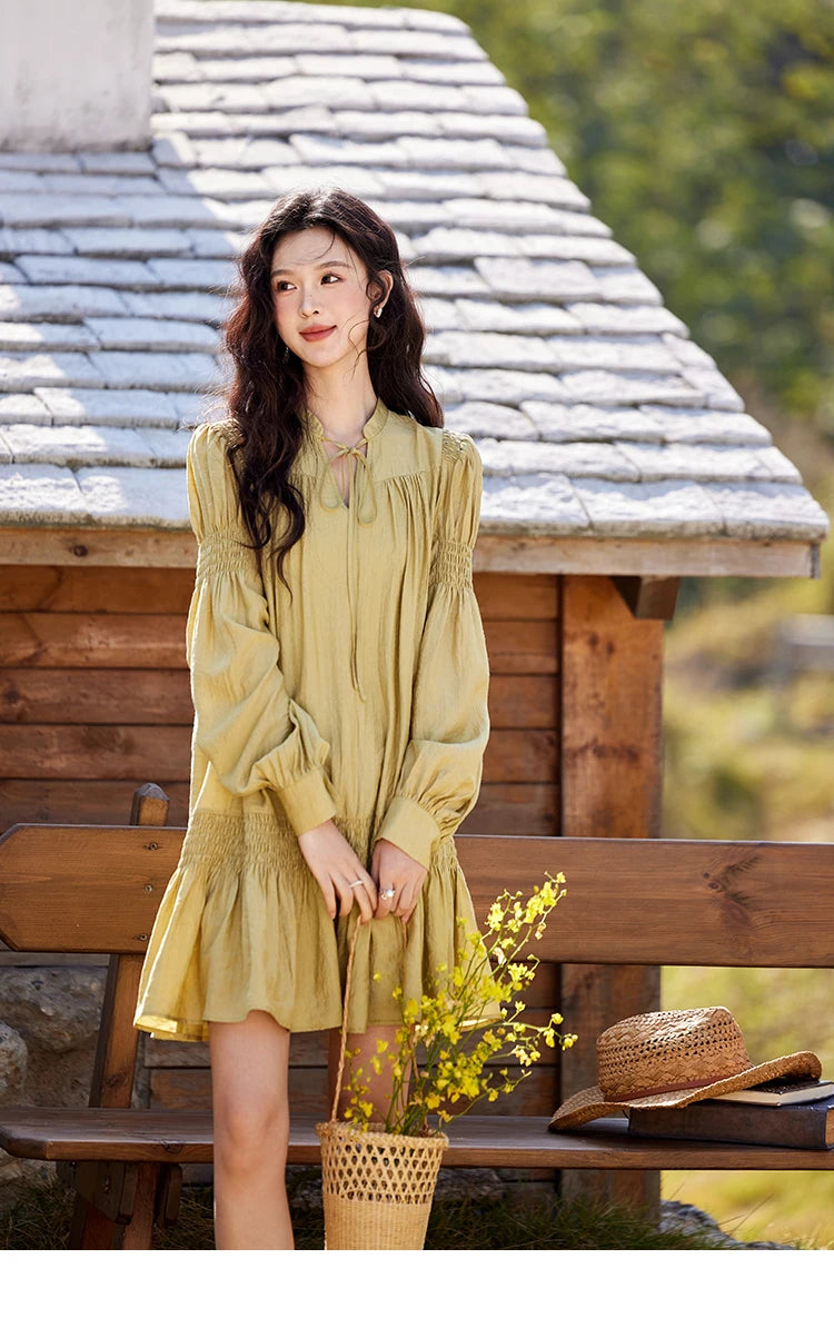 Mishow Folded Lace-Up V-Neck Doll Dress MXE11L2113