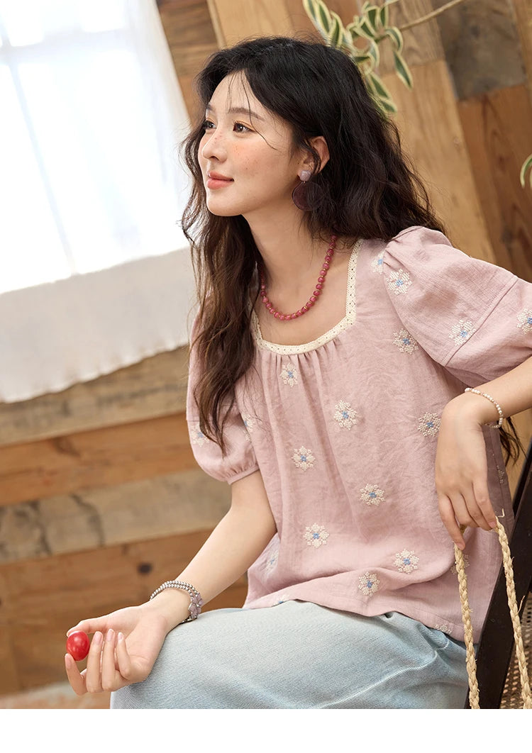 MISHOW Pink Embroidered Linen Blouse Square Collar Lace Patchwork MXE35X1834