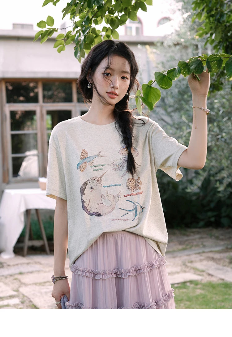 Mishow Cartoon Print Loose Cotton Tee MXE36T0575