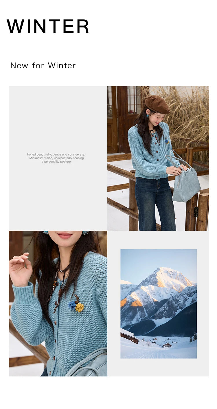 Mishow Blue Crew Neck Pompom Decor Cardigan MXE51Z2551