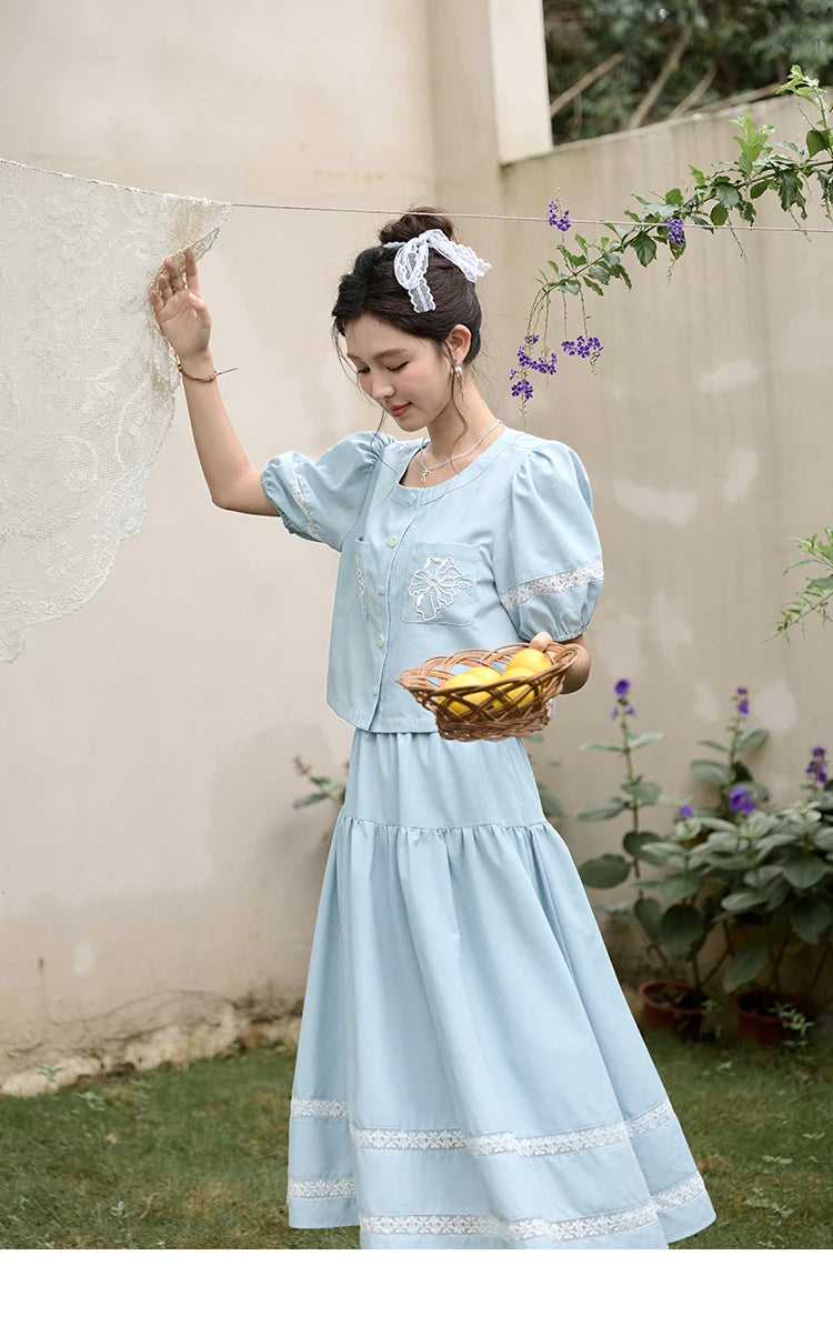 MISHOW Blue Lace Patchwork Top Elastic Waist Skirt Set MPD22B0450