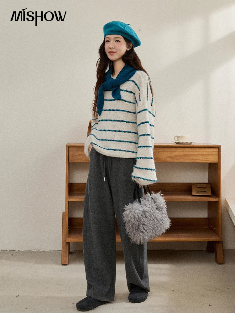 Mishow Blue Striped Alpaca Wool Sweater with Scarf Set MXE90Z2821