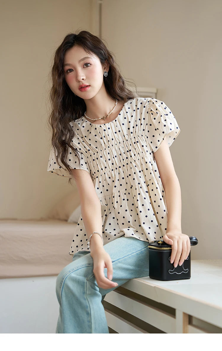 MISHOW Polka Dot Blouse Flying Sleeve O Neck Elastic Folds MXC39X1291