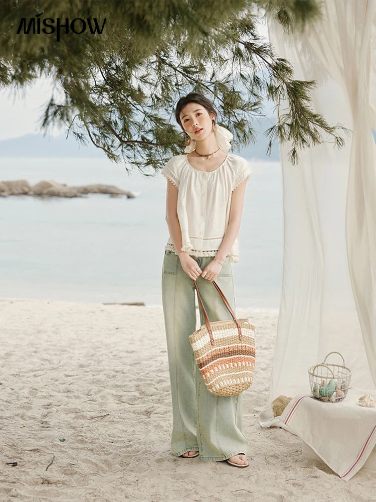 MISHOW Embroidered French Shirt Round Neck Short Sleeve MXE33X1744