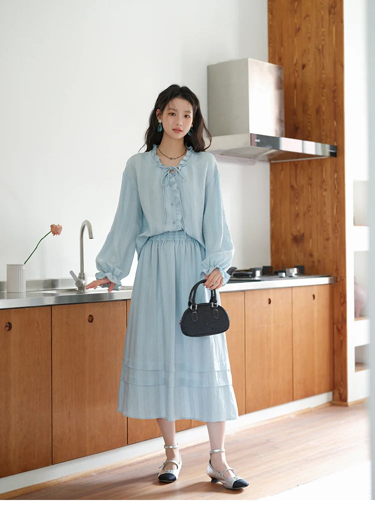 Mishow Light Blue Linen V-Neck Lace-Up Shirt & Elastic Skirt Set MXE41T0700