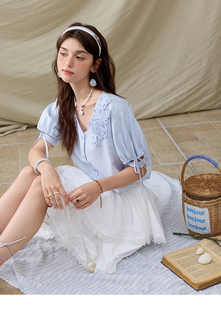 MISHOW Solid V-Neck Blouse Embroidered Loose Short Sleeve MXE31X1774