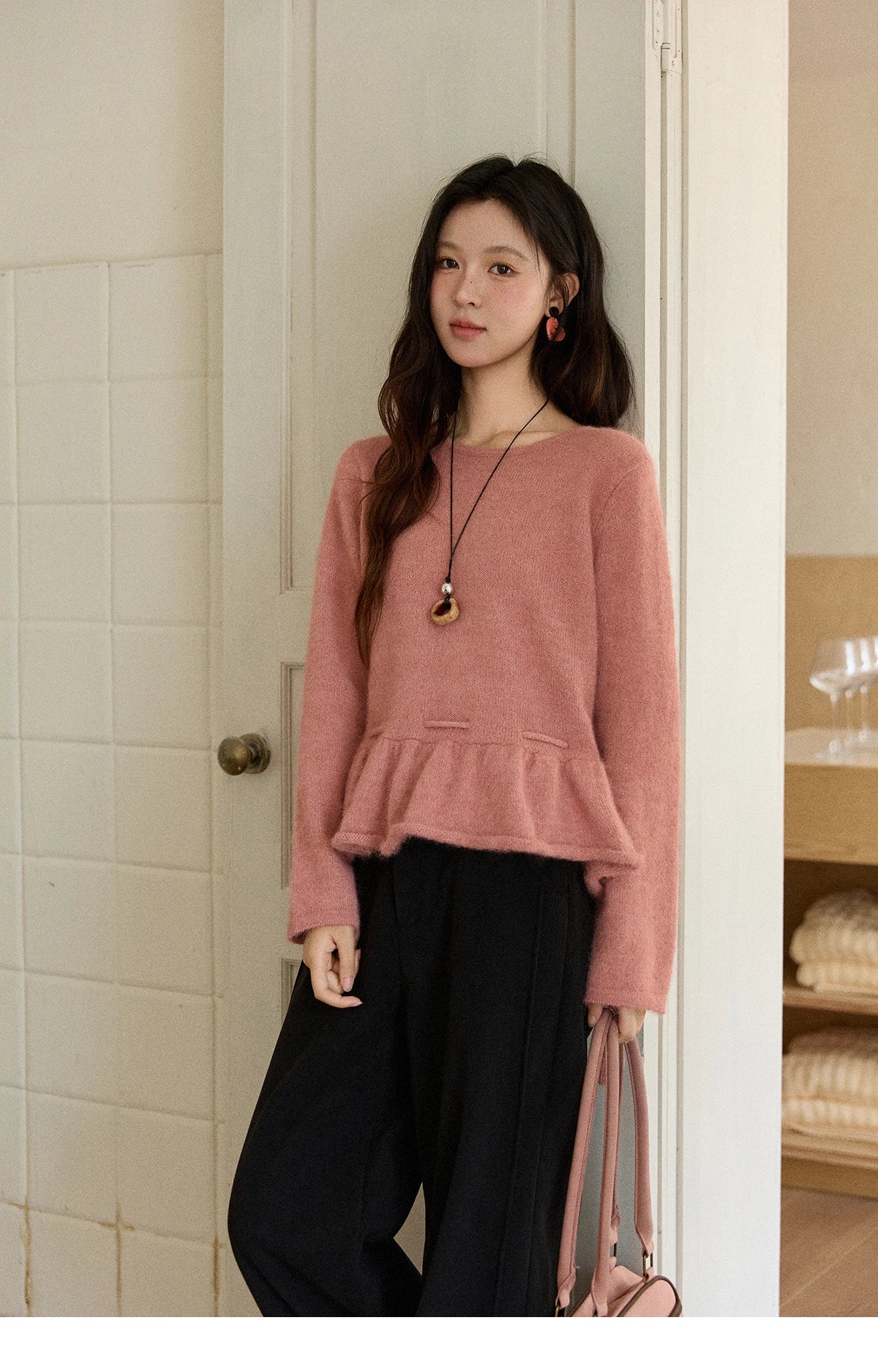 Mishow French Pink Ruffled Hem Pullover with Drawstring Belt MXE90Z2824